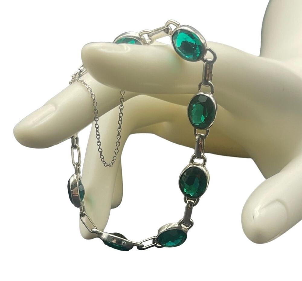 Sterling Silver Faceted Green Crystal 7" Link Bracelet GMS Safety Chain Signed